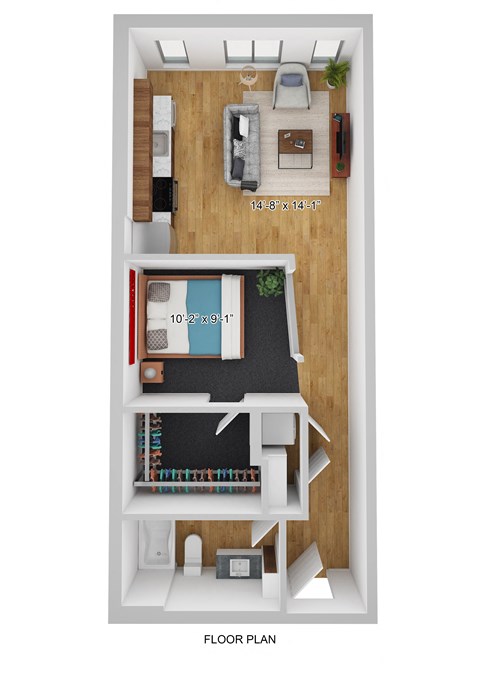 Floor plan for studio, 1 bath, 609 sqft